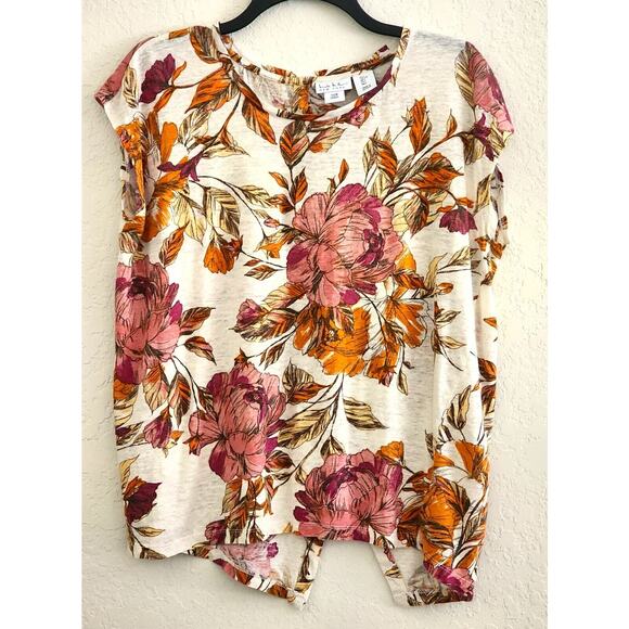 TOP/BLOUSE-NICOLE MILLER-Linen-Fall Floral Colors-Button Back-Short Sleeves-LRG - Picture 1 of 12